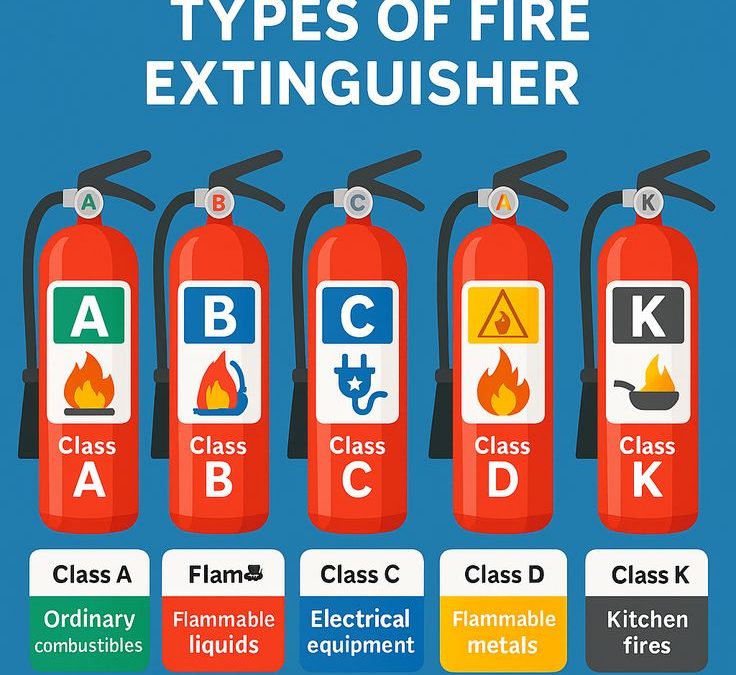 Different types of fire extinguishers for home and commercial use, with safety tips for proper operation and maintenance.