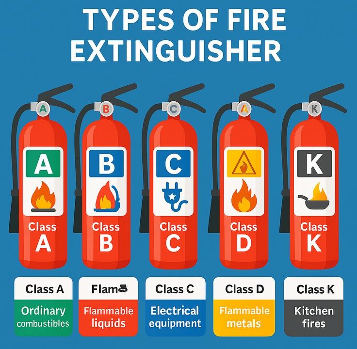 Different types of fire extinguishers for home and commercial use, with safety tips for proper operation and maintenance.